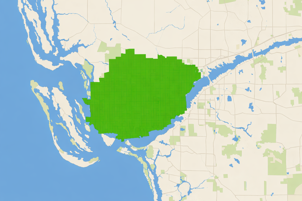 Insurance Adjusting coverage of Cape Coral highlighted in green on a map of Florida