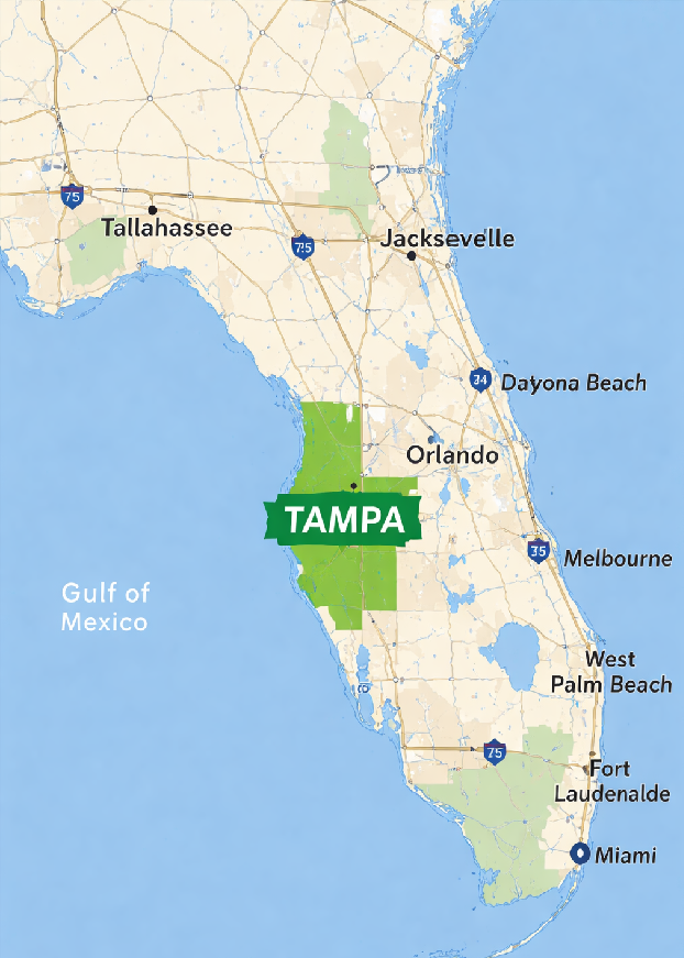 Tampa on a map of florida. Tampa is highlighted in green