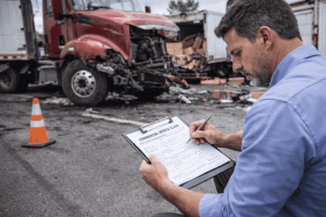 Trucking & Commercial Vehicle Losses independent adjusting being done on the field next to a damaged truck