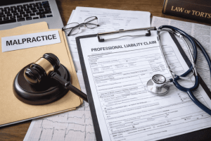 professional liability independent adjusting image with a hammer and papers on a desk