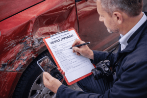 car appraisal service taking place on the field with an inspector next to a damaged car