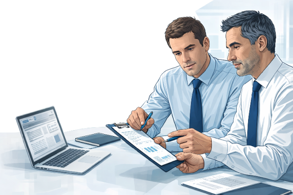 independent claims adjuster discussing project details with claims examiner in an office, jacksonville